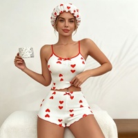 P589 Geripptes Pyjama-Set mit Herzprint, Camisole und Shorts, mit Duschhaube und Schlafmütze für Damen, Schwarz, Schlafanzug, Nachtwäsche