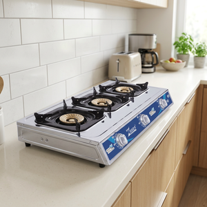 Cocina de Gas Portátil de 3 Quemadores, Superficie de Acero Inoxidable, Control de Encendido con Perilla, Protección Contra Apagado de Llama, Mesa para Uso Doméstico - Product Image 1
