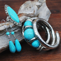 Parure de bijoux vintage turquoise pour femme, hypoallergénique, anti-décoloration, avec grandes boucles d'oreilles, bracelet et collier, faible MOQ