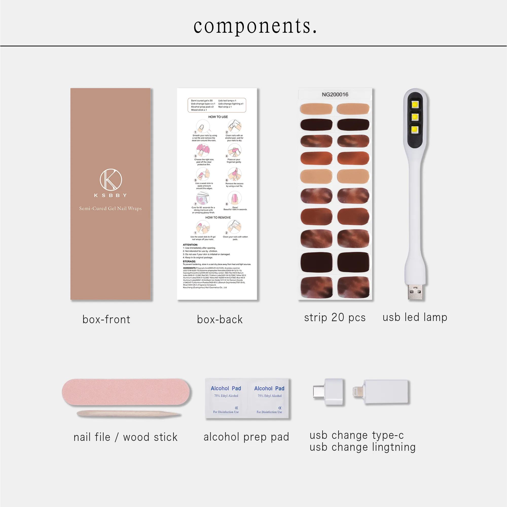 KS005 Wholesale Amber Caraml Semi Cured Gel Nail Strips /Stickers Includes 2 Prep Pads UV Lamp Nail File UV Nail Stickers