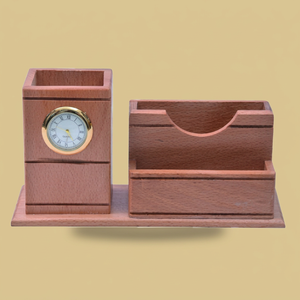 Organisateur de bureau en bois avec horloge et porte-stylo, rangement multifonctionnel pour activités promotionnelles - Product Image 1