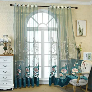 Customize European nice big flower blue velvet rose floral door sheer curtain for the living room window decoration transparent