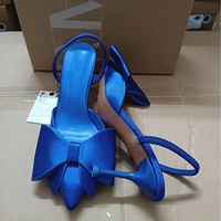 Nouvelles Sandales d'été pour femmes, légères, à bout pointu, en satin bleu texturé, décorées d'un nœud, à talon aiguille, style mule, mode et sexy