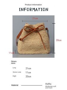 Sac seau en paille raphia pour femme, printemps-été, avec cordon de serrage réglable, sac à bandoulière pour la plage - Product Image 5