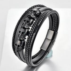 High Quality Wholesale 316L Stainless Steel Custom Fashion Skull Beads Charm <b>Men</b> Leather <b>Bracelet</b> - Product Image 5