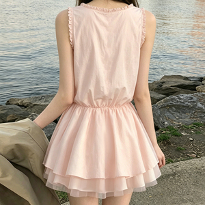 Lolita Style Woven Eco-Friendly Natural Waist Women's Dress U Neck <b>Tie</b> Front Loose Ruched Mini Vacation Dress - Product Image 6