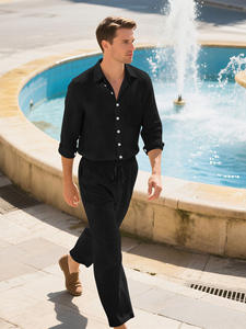 Nuovo <span class=keywords><strong>Completo</strong></span> <span class=keywords><strong>Uomo</strong></span> 2 Pezzi in Misto <span class=keywords><strong>Lino</strong></span> 2026 - Camicia a Maniche Lunghe e Pantaloni con Coulisse, Abbigliamento Estivo per Vacanze - Product Image 2