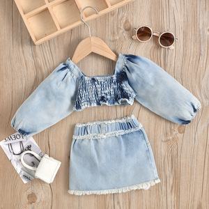 Conjunto de Ropa de Mezclilla para Bebés y Niñas Pequeñas, Moda 2021, Chaqueta Corta con Hombros Descubiertos + Falda, 2 Piezas, 2-6 Años - Product Image 2