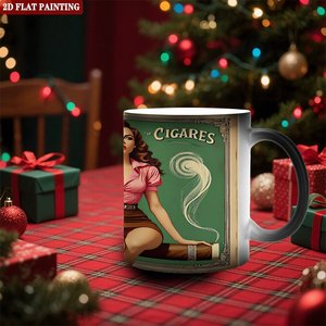 Mug en céramique noir givré de 11 oz, changeant de couleur à la chaleur, avec motif vintage de pin-up fumeuse de cigare, peinture plate 2D - Product Image 2