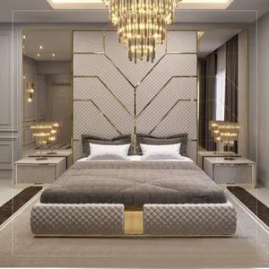 Muebles de dormitorio de lujo, cabeceros modernos, paneles de pared de fondo de tela adhesiva para cama doble de hotel completo