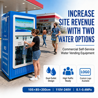 Distributeur d'eau purifiée commercial avec eau minérale légèrement alcaline, acceptant les paiements par pièces et par carte 24h/24.