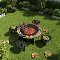 Table de barbecue moderne en fer, barbecue extérieur au charbon de bois avec allumage piézo, finition galvanisée, foyer multifonctionnel, ensemble table à manger