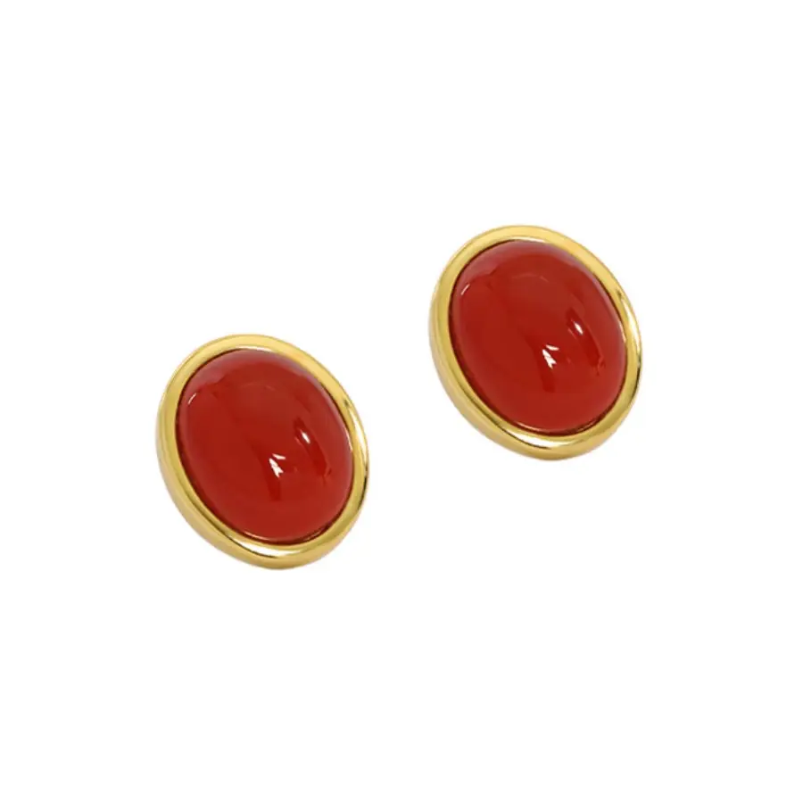 Melynn anting-anting onyx merah oval, anting-anting kancing lapis emas perhiasan perak murni 925, perhiasan anting-anting mode wanita