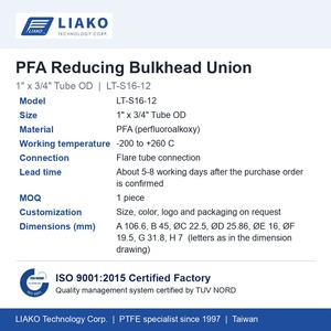 ข้อต่อลดขนาดท่อ PFA แบบ Bulkhead Reducer ขนาด 1 นิ้ว x 3/4 นิ้ว สำหรับท่อแบบ Flare Tube รุ่น LT-S16-12 ทนทานต่อสารเคมีที่มีความบริสุทธิ์สูง - Product Image 6