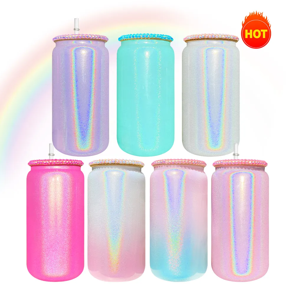 USA warehouse bling lid 16oz ombre gradient color blue pink white silver purple sublimation shimmer glass can tumbler