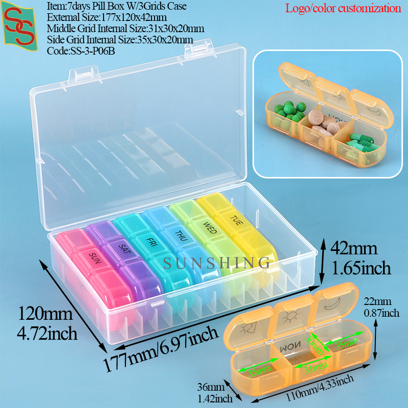 P06B Pilulier 7 jours avec 3 compartiments - Boîtier transparent