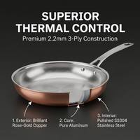Poêle à frire professionnelle 2,2 mm en acier inoxydable 3 plis avec fond en cuivre, poêle de luxe tri-couche, compatible gaz, écologique, moulée