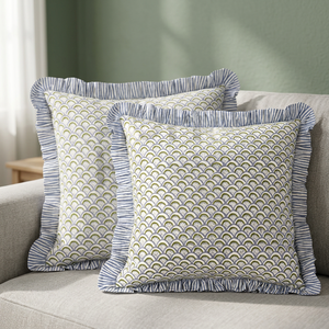 Housse de coussin RIDHI personnalisable en coton imprimé à la main, motif floral carré Harmony, avec volants, fermeture éclair, décor amovible - Product Image 2