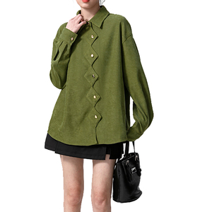 Camicetta a maniche lunghe con colletto da <span class=keywords><strong>donna</strong></span> <span class=keywords><strong>in</strong></span> cotone a maniche lunghe con bottone irregolare verde militare di alta qualità personalizzata - Product Image 5