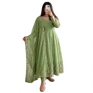 Vestido de novia tradicional indio pakistaní Salwar Kameez para mujer, largo hasta el suelo, bordado, de poliéster, corte holgado, con ribete rosa dorado - Product Image 1