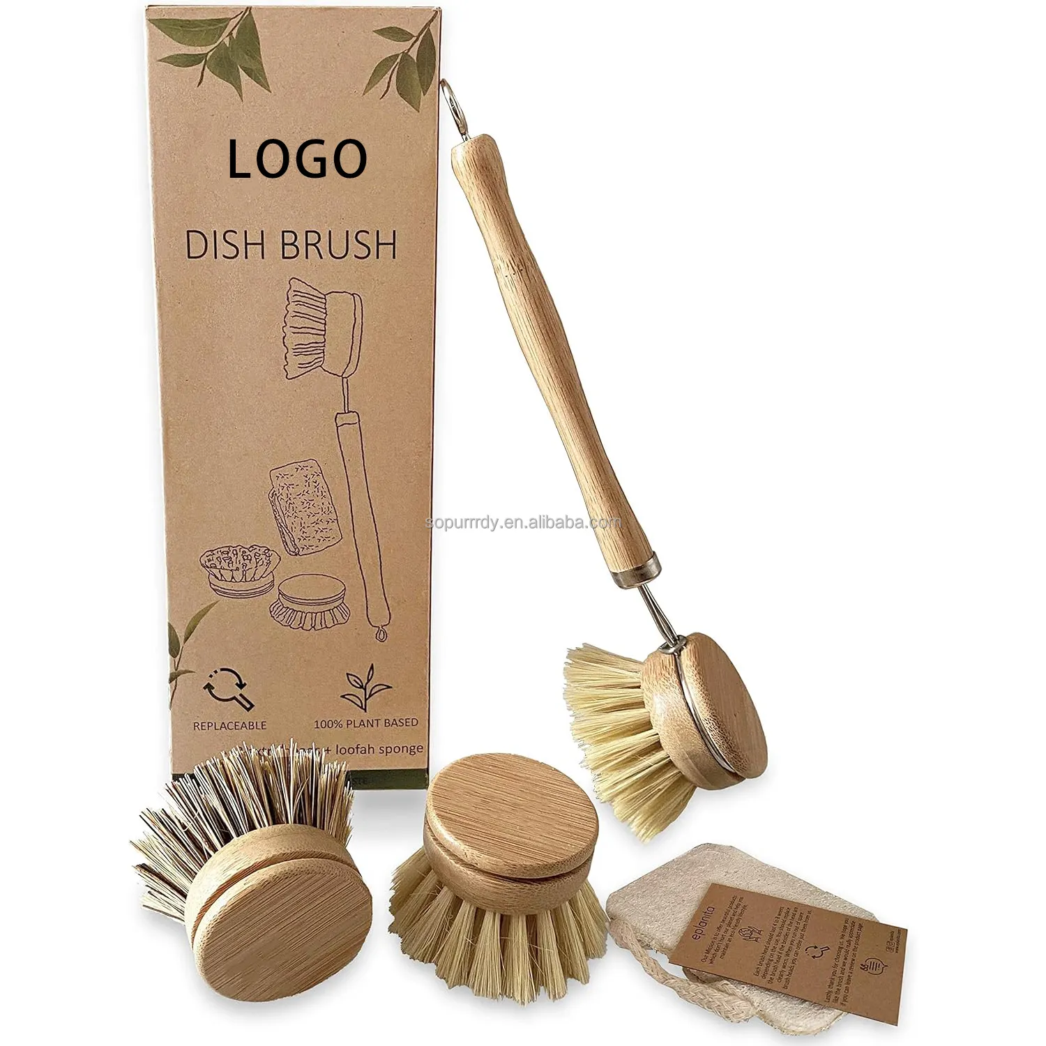 Brosse à vaisselle naturelle avec logo personnalisé brosses à récurer en bambou écologique de cuisine éponge pour plantes sans plastique vaisselle nettoyage zéro déchet