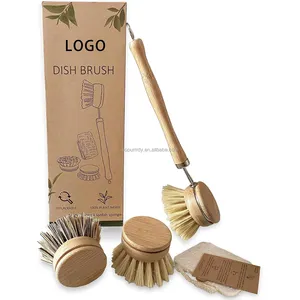 Custom Logo Natural Dish Brush Kitchen Eco Bamboo Scrubber Brushes Plant Sponge Plastic Free Washing Up Zero Waste Cleaning