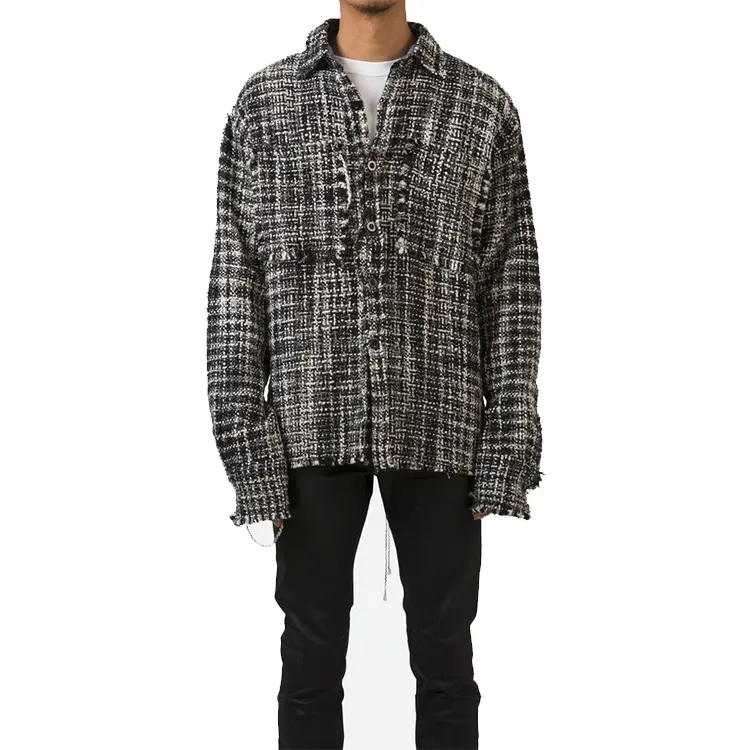 Streetwear roupas masculinas jaqueta raw edge, grandes dimensões, camisa de flanela lisa