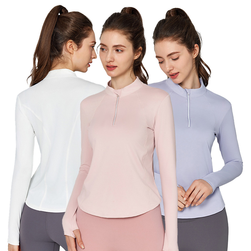 DWJS124031 Women Stand Collar Half Zipper with Thumb Holes Slim Fit Quick Dry Breathable Tummy Control Yoga Workout Top