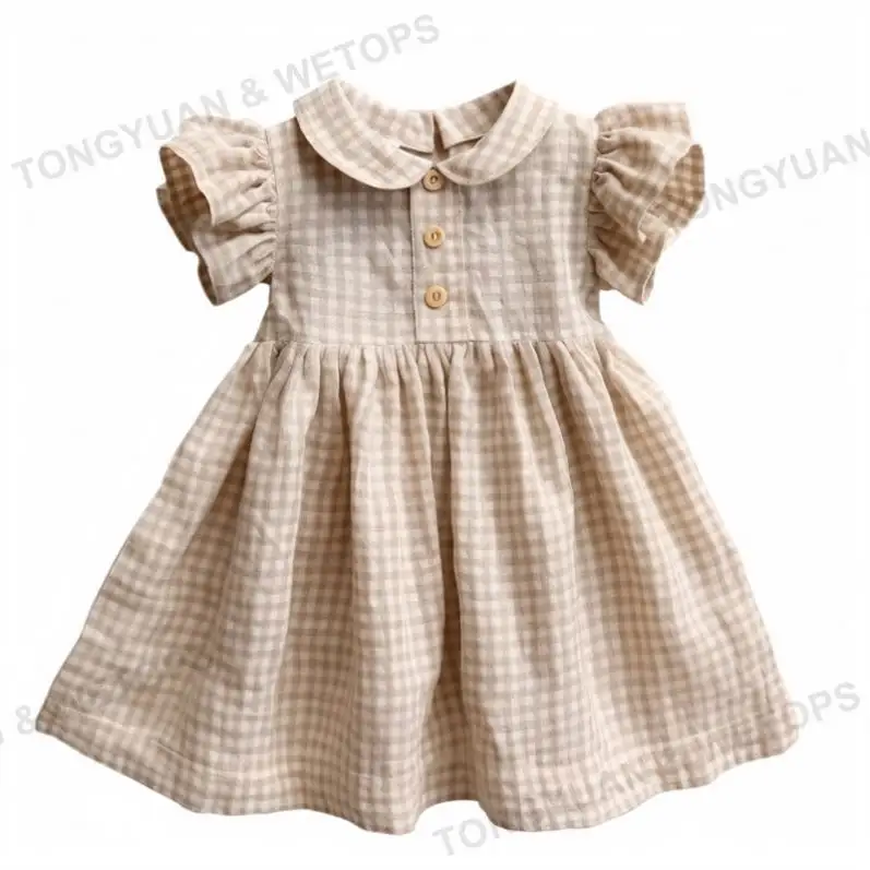 Baju bayi lengan pendek terlaris gaun Linen bayi perempuan gaun Gingham