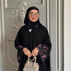 Dubai New Design Black Opne Abaya Wholesale Multicolor Floral Embroidery Sleeve <strong>Hooded</strong> Kimono Abaya Muslim <strong>Cardigan</strong> - Product Image 2
