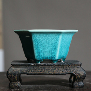 Ceramic Bonsai <b>Pot</b> Hexagonal <b>Small</b> Desktop <b>Plant</b> <b>Pot</b> Turquoise Glaze Crackle Finish - Product Image 1