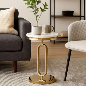 Modern Round Console <b>Table</b> with <b>Marble</b> <b>Top</b> and Brass Pedestal Base for Living Room Furniture - Product Image 1