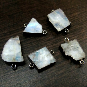 Natural White <b>Rainbow</b> Moonstone Slice Connector Free Form Double Loop 1 Inch <b>Top</b> Electroplated Charms - Product Image 1