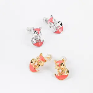 HAIKE S925 Sterling Silver Original Design Stud Earrings Playful Cute Pink Squirrel Earpin For Women And Girl