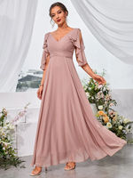 Robe de Demoiselle d'Honneur Longue en Chiffon Haut de Gamme à Volants et Épaules Dénudées, Col en V, Coupe Évasée, pour Dîners, Mariages et Soirées