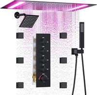 Ensemble de douche thermostatique en laiton noir avec pommeau de douche LED multifonction effet pluie 14x20 pouces pour salle de bain