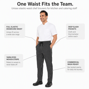 Pantalon de Chef Unisexe à Taille Élastique Ample pour Restaurant et Cuisine, Rayures Noires et Blanches Pied-de-Poule, en Polycoton, Uniforme de Chef Personnalisable - Product Image 4