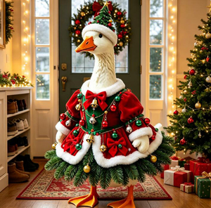 Christmas Goose Winter Polyester Dot Clothes Set Red Velvet Dress Christmas Tree Hat Yard Garden Decor Outfit Statue - Product Image 5