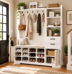 SENYU Farmhouse Entryway Hall Tree <b>Shoe</b> Storage <b>Cabinet</b> with Coat Rack <b>Bench</b> 6 Hooks 5 Shelves Multifunctional Furniture - Product Image 1