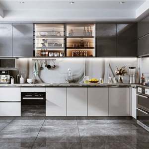 Cuisine contemporaine de taille moyenne, îlot central bleu mat sur mesure, ensemble complet de meubles de cuisine européens avec accessoires - Product Image 2