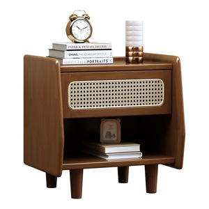 Modern Minimalist Nightstand Solid Wood Storage Cabinet Bedroom Side <b>Table</b> With <b>Rattan</b> Panel Design - Product Image 4