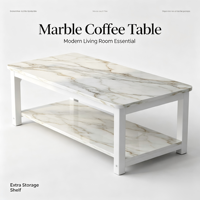 Table basse double niveau en marbre blanc de luxe, surface polie, design moderne, structure métallique robuste - Décoration pour chambre et salon