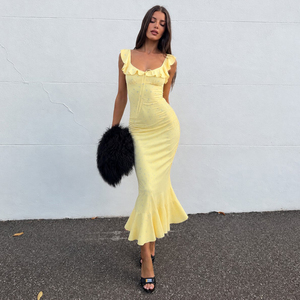 Vestido Maxi Amarillo Lechoso con Volantes, Cuello con Lazo Floral, Adorno de Encaje y Estilo Sirena, Juvenil, Versátil, Ideal para Vacaciones - Product Image 2