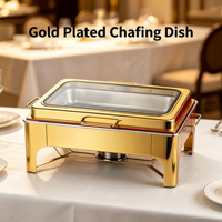 Plat de service de luxe doré avec couvercle en verre plat, chauffe-plat en acier inoxydable 4,5 L résistant à la chaleur pour la restauration
