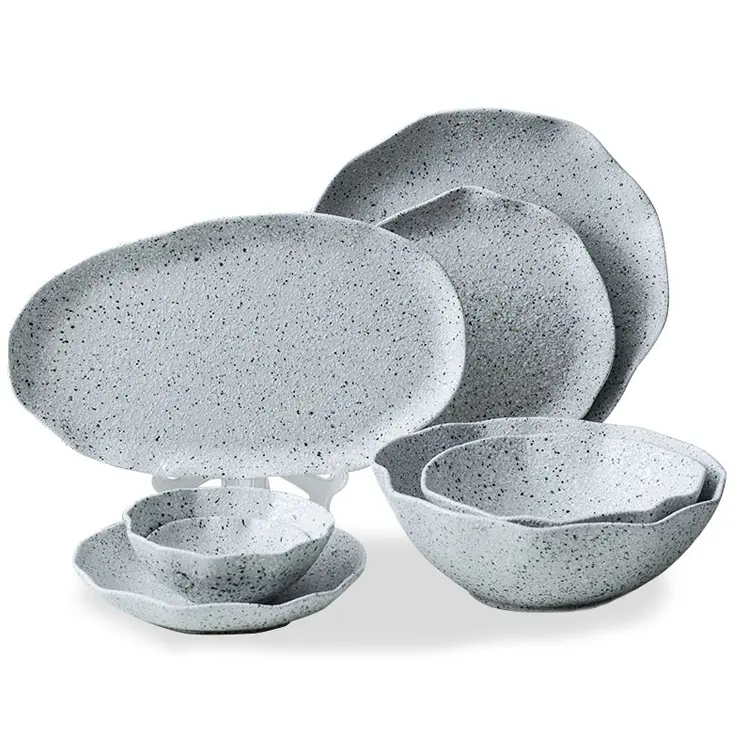 Kepingan Salju Mengkilap Peralatan Dapur Buatan Tangan Keramik Porselen Batu Piring Keramik Granit Piring Gandum dan Set Mangkuk