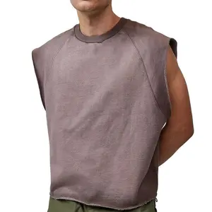Üretici özel baskı logosu ağır % 100% pamuk nervürlü ekip boyun ham Hem kırpılmış Boxy Fit kolsuz T shirt erkekler için