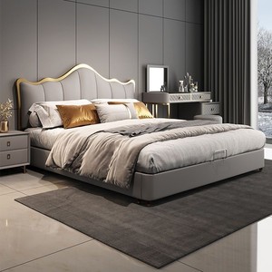 โครงเตียงไม้แข็งแบบหรูหราขนาดควีนไซส์พร้อมหนังหรูหราหุ้มหัวเตียงแผงห้องนอน - Product Image 6