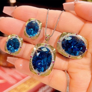 Fashion Jewelry Eco-friendly Copper Gold Plated 15*20/10*12MM Blue Zircon Anti Tarnish Jewelry Wholesale Necklace and Earing Set - Product Image 3