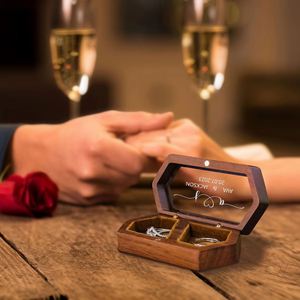 Personalized Walnut Wood Hexagon <b>Ring</b> Box with Glass Top Custom Name Date Engraved <b>Engagement</b> Wedding <b>Ring</b> <b>Holder</b> Keepsake Gift - Product Image 1