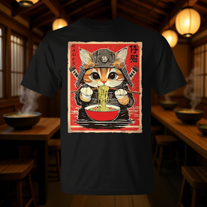 T-shirt japonais samouraï ninja chat mangeant du ramen, noir, unisexe, taille adulte S M L XL XXL - Product Image 3